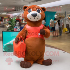 Red Otter mascot costume character dressed with a One-Piece Swimsuit and Tote bags