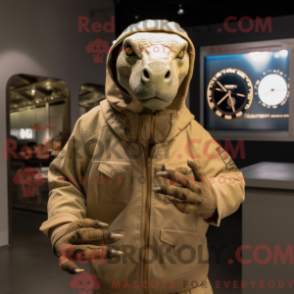 Mascot character of a Beige Iguanodon dressed with a Bomber Jacket and Digital watches