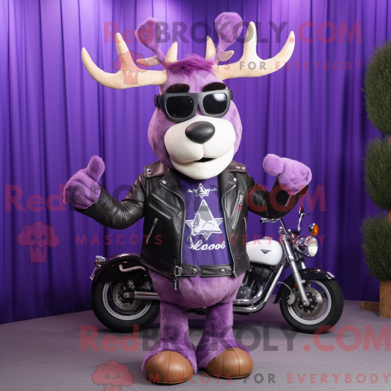 Mascot character of a Lavender Reindeer dressed with a Biker Jacket and Necklaces Mascot character of a Lavender Reindeer dressed with a Biker Jacket and Necklaces