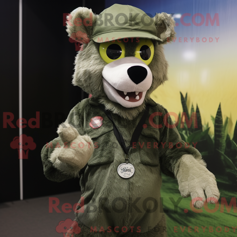 Mascot character of a Olive Wolf dressed with a Playsuit and Beanies Mascot character of a Olive Wolf dressed with a Playsuit and Beanies