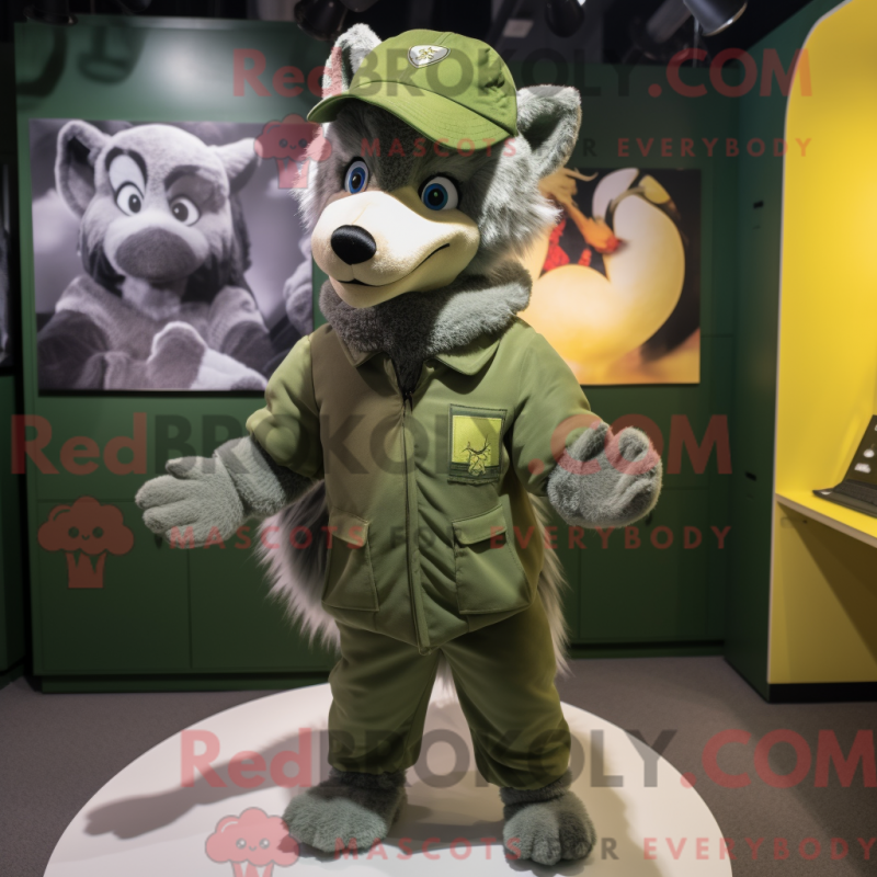 Mascot character of a Olive Wolf dressed with a Playsuit and Beanies Mascot character of a Olive Wolf dressed with a Playsuit and Beanies