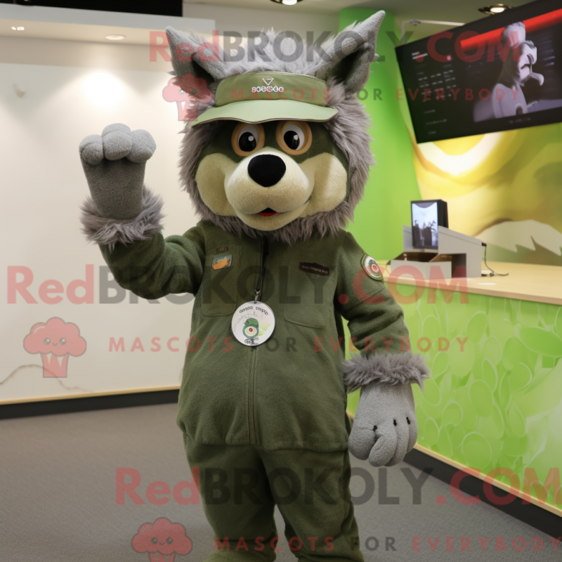 Mascot character of a Olive Wolf dressed with a Playsuit and Beanies Mascot character of a Olive Wolf dressed with a Playsuit and Beanies