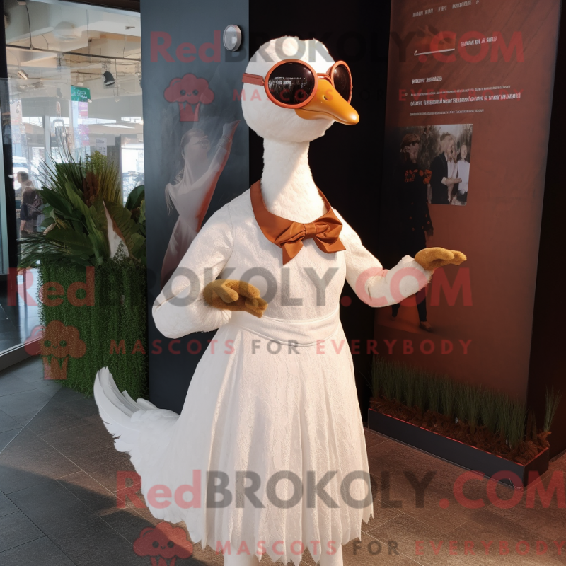 Mascot character of a Rust Swans dressed with a Wedding Dress and Eyeglasses Mascot character of a Rust Swans dressed with a Wedding Dress and Eyeglasses