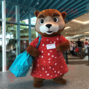 Red Otter mascot costume character dressed with a One-Piece Swimsuit and Tote bags