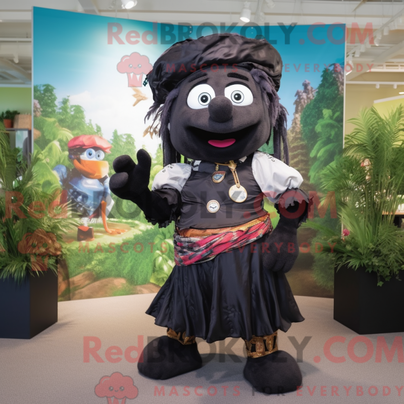 Mascot character of a Black Pirate dressed with a Maxi Skirt and Backpacks Mascot character of a Black Pirate dressed with a Maxi Skirt and Backpacks