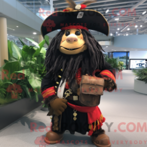 Mascot character of a Black Pirate dressed with a Maxi Skirt and Backpacks