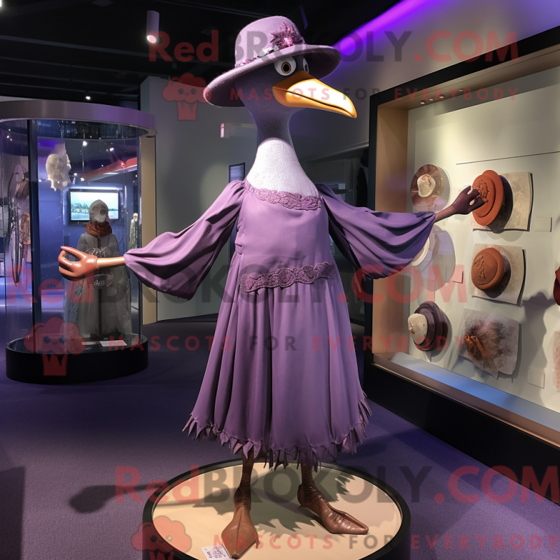 Mascot character of a Purple Gull dressed with a Empire Waist Dress and Hat pins Mascot character of a Purple Gull dressed with a Empire Waist Dress and Hat pins