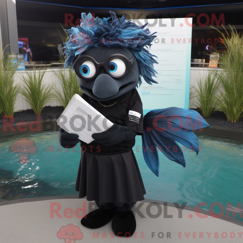 Mascot character of a Black Betta Fish dressed with a Polo Shirt and Reading glasses Mascot character of a Black Betta Fish dressed with a Polo Shirt and Reading glasses