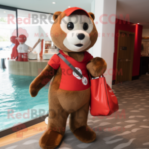 Red Otter mascot costume character dressed with a One-Piece Swimsuit and Tote bags