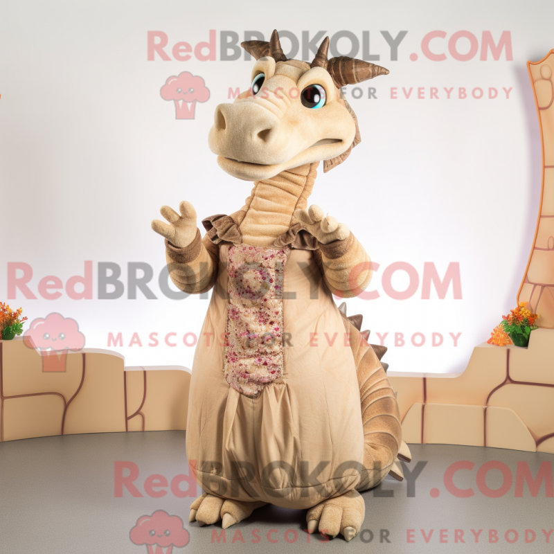 Mascot character of a Tan Dragon dressed with a Maxi Dress and Foot pads Mascot character of a Tan Dragon dressed with a Maxi Dress and Foot pads