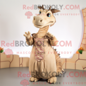 Mascot character of a Tan Dragon dressed with a Maxi Dress and Foot pads