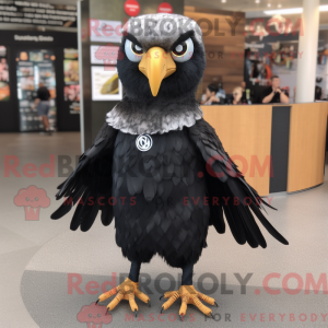 Mascot character of a Black Falcon dressed with a Skirt and Hair clips