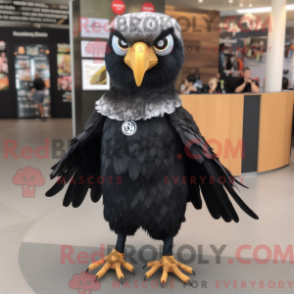 Mascot character of a Black Falcon dressed with a Skirt and Hair clips