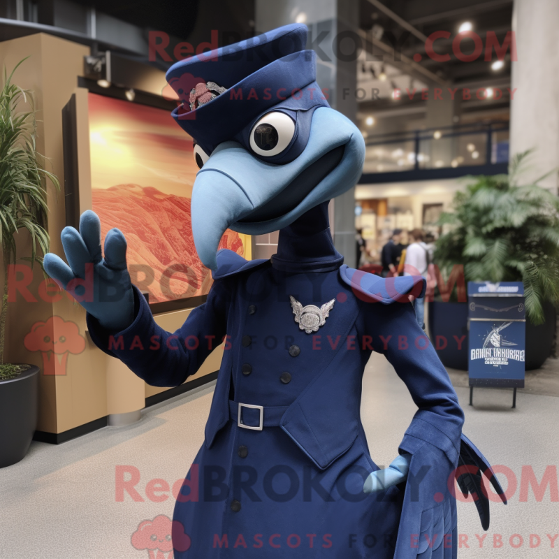 Mascot character of a Navy Dimorphodon dressed with a Empire Waist Dress and Mittens Mascot character of a Navy Dimorphodon dressed with a Empire Waist Dress and Mittens