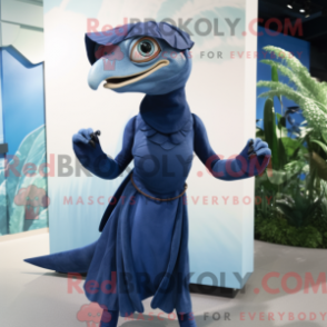Mascot character of a Navy Dimorphodon dressed with a Empire Waist Dress and Mittens