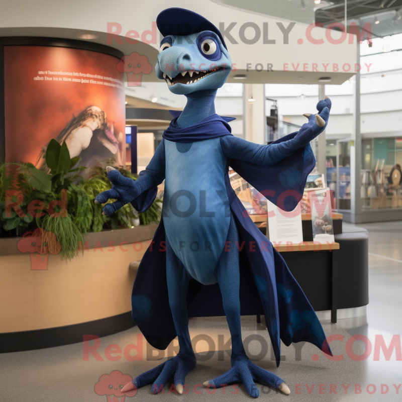 Mascot character of a Navy Dimorphodon dressed with a Empire Waist Dress and Mittens Mascot character of a Navy Dimorphodon dressed with a Empire Waist Dress and Mittens