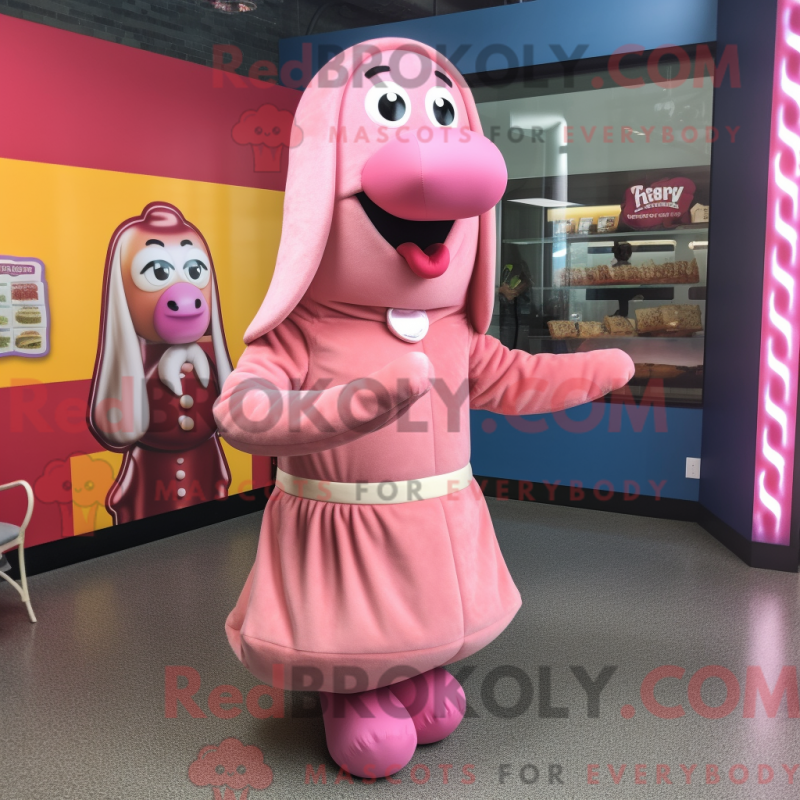 Mascot character of a Pink Hot Dog dressed with a Pleated Skirt and Lapel pins Mascot character of a Pink Hot Dog dressed with a Pleated Skirt and Lapel pins