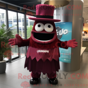 Mascot character of a Maroon Ceviche dressed with a Empire Waist Dress and Hats