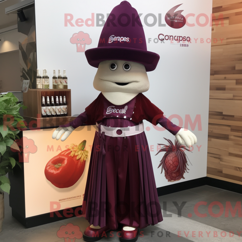 Mascot character of a Maroon Ceviche dressed with a Empire Waist Dress and Hats Mascot character of a Maroon Ceviche dressed with a Empire Waist Dress and Hats