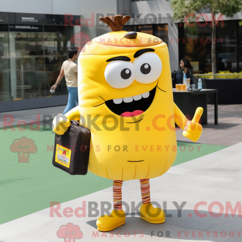 Mascot character of a Yellow Burgers dressed with a Shorts and Briefcases