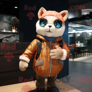Mascot character of a Peach Cat dressed with a Bomber Jacket and Scarves