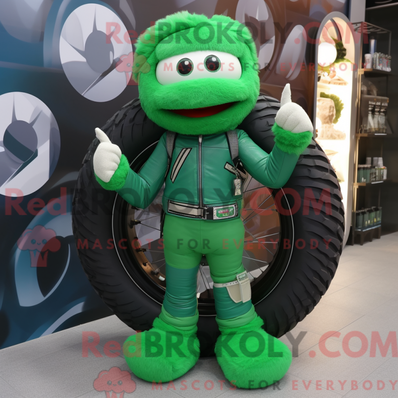 Mascot character of a Green Bagels dressed with a Moto Jacket and Bracelets Mascot character of a Green Bagels dressed with a Moto Jacket and Bracelets