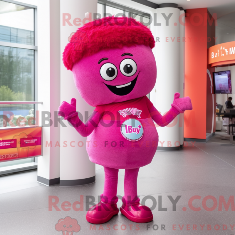 Mascot character of a Magenta Bagels dressed with a Skinny Jeans and Cummerbunds Mascot character of a Magenta Bagels dressed with a Skinny Jeans and Cummerbunds