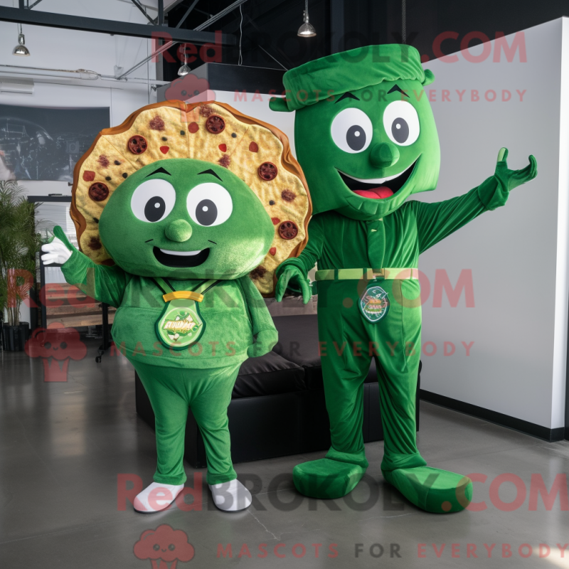Mascot character of a Forest Green Pizza Slice dressed with a Jumpsuit and Keychains Mascot character of a Forest Green Pizza Slice dressed with a Jumpsuit and Keychains