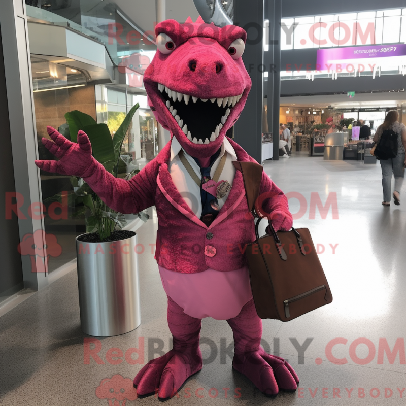 Mascot character of a Magenta Allosaurus dressed with a Dress Shirt and Handbags Mascot character of a Magenta Allosaurus dressed with a Dress Shirt and Handbags