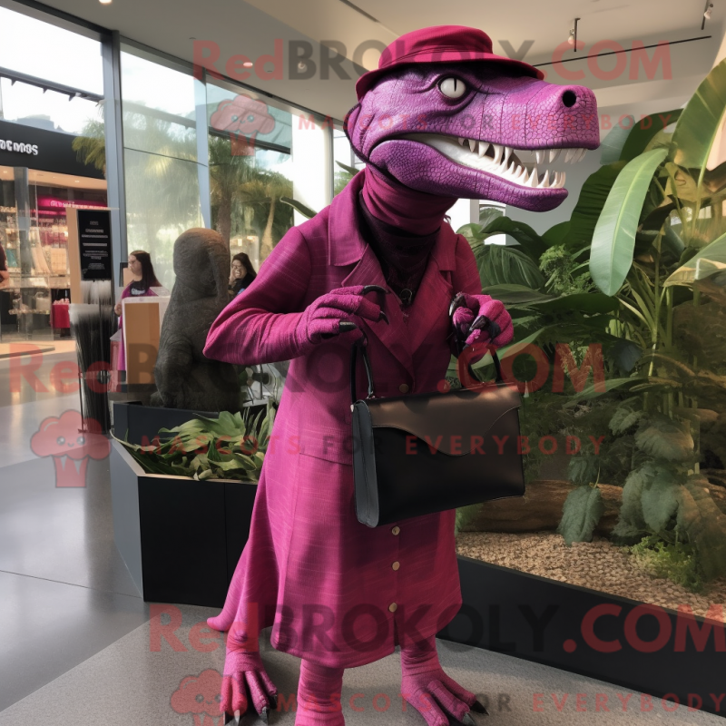 Mascot character of a Magenta Allosaurus dressed with a Dress Shirt and Handbags Mascot character of a Magenta Allosaurus dressed with a Dress Shirt and Handbags