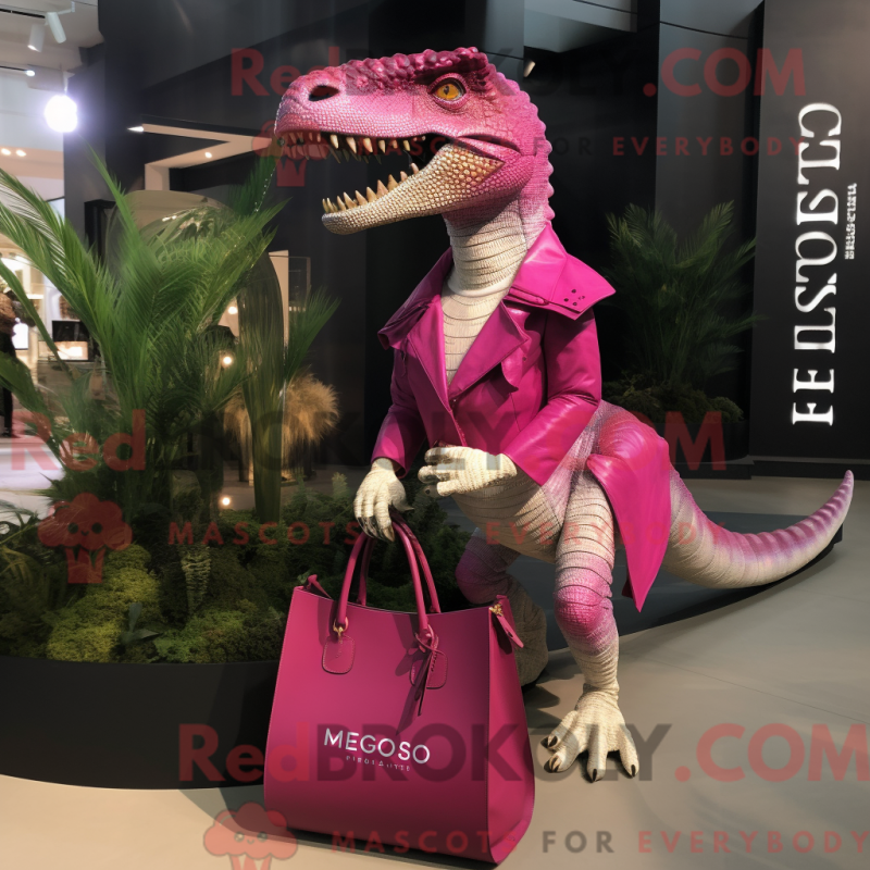 Mascot character of a Magenta Allosaurus dressed with a Dress Shirt and Handbags Mascot character of a Magenta Allosaurus dressed with a Dress Shirt and Handbags