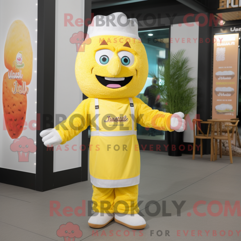 Mascot character of a Lemon Yellow Falafel dressed with a Overalls and Suspenders Mascot character of a Lemon Yellow Falafel dressed with a Overalls and Suspenders