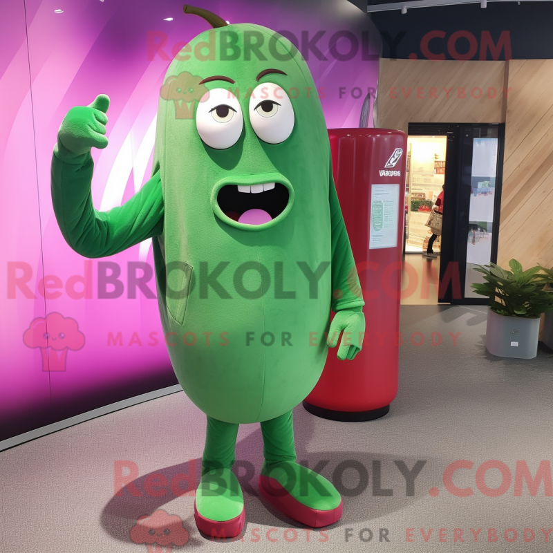 Mascot character of a Magenta Green Bean dressed with a Long Sleeve Tee and Messenger bags Mascot character of a Magenta Green Bean dressed with a Long Sleeve Tee and Messenger bags