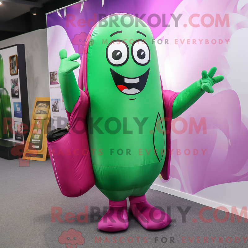 Mascot character of a Magenta Green Bean dressed with a Long Sleeve Tee and Messenger bags Mascot character of a Magenta Green Bean dressed with a Long Sleeve Tee and Messenger bags