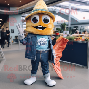 nan Fish Tacos mascot costume character dressed with a Bootcut Jeans and Mittens