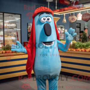 Mascot character of a Cyan Hot Dogs dressed with a Chambray Shirt and Rings