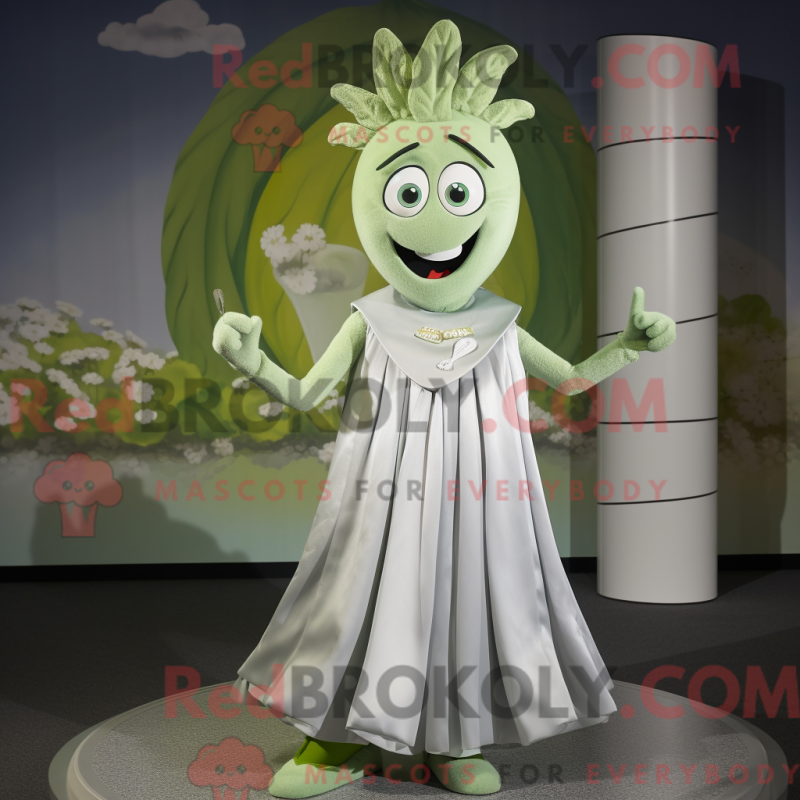 Mascot character of a Silver Celery dressed with a A-Line Dress and Rings Mascot character of a Silver Celery dressed with a A-Line Dress and Rings