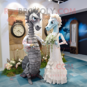 Gray Sea Horse mascot costume character dressed with a Wedding Dress and Watches