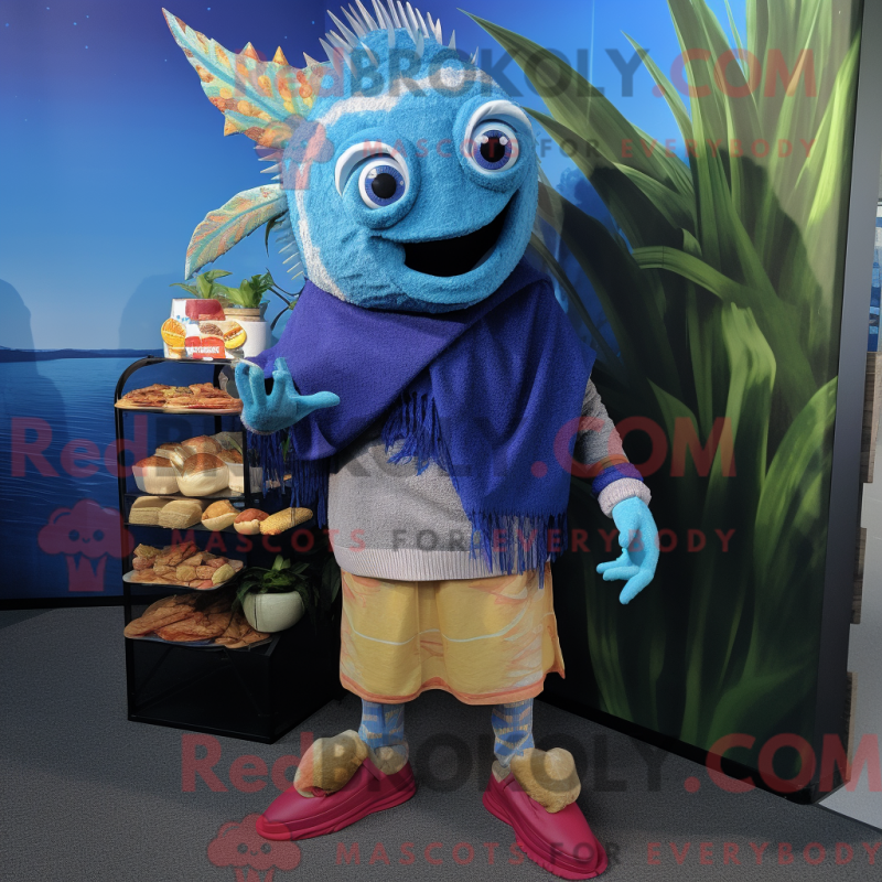 Mascot character of a Blue Fish Tacos dressed with a Sweater and Anklets Mascot character of a Blue Fish Tacos dressed with a Sweater and Anklets