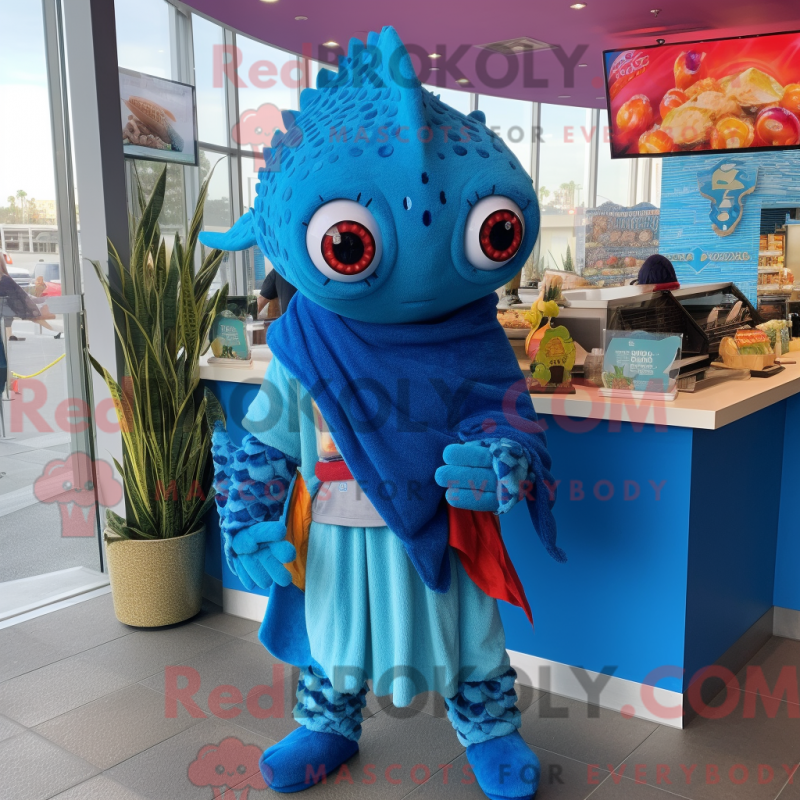 Mascot character of a Blue Fish Tacos dressed with a Sweater and Anklets Mascot character of a Blue Fish Tacos dressed with a Sweater and Anklets