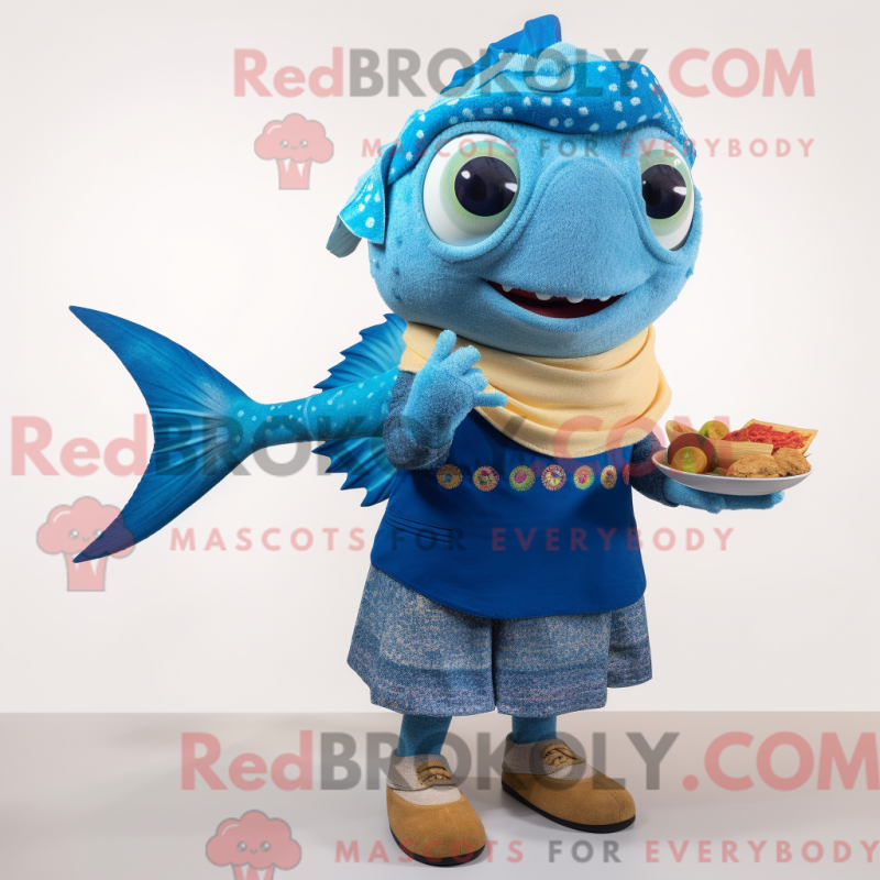 Mascot character of a Blue Fish Tacos dressed with a Sweater and Anklets Mascot character of a Blue Fish Tacos dressed with a Sweater and Anklets