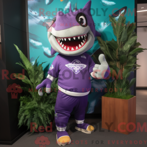 Mascot character of a Purple Shark dressed with a Rugby Shirt and Hairpins