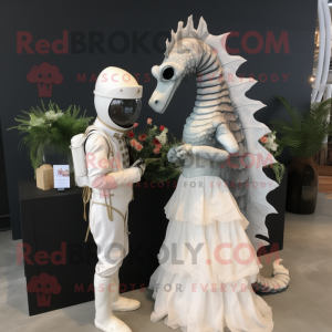 Gray Sea Horse mascot costume character dressed with a Wedding Dress and Watches