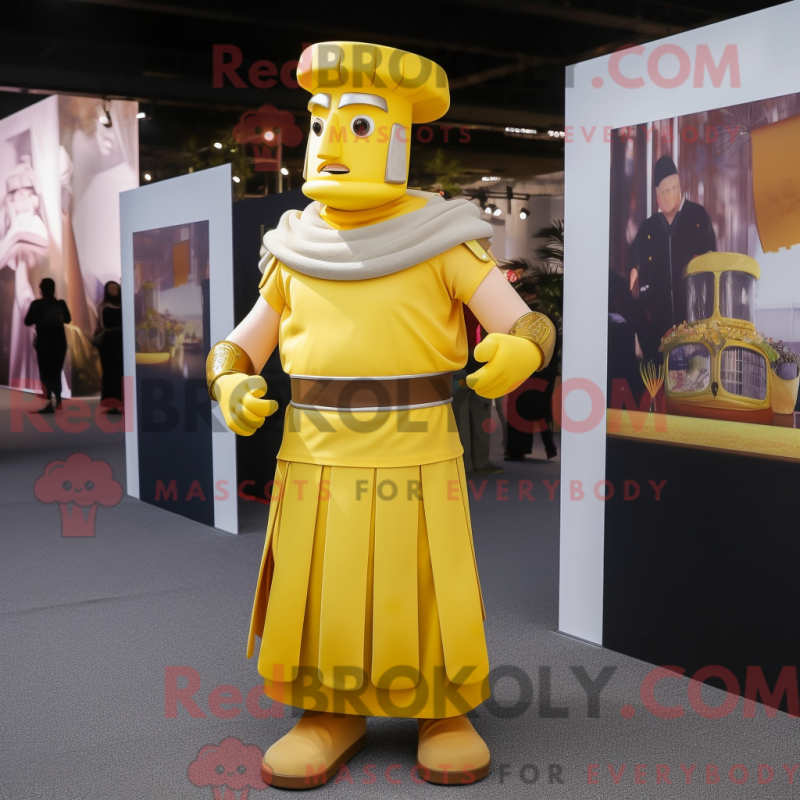 Mascot character of a Yellow Roman Soldier dressed with a Maxi Skirt and Gloves Mascot character of a Yellow Roman Soldier dressed with a Maxi Skirt and Gloves
