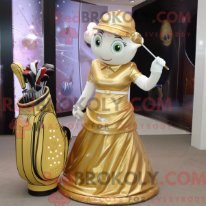 Mascot character of a Gold Golf Bag dressed with a Pleated Skirt and Rings