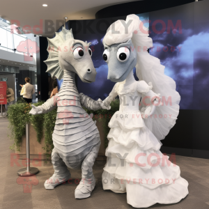 Gray Sea Horse mascot costume character dressed with a Wedding Dress and Watches