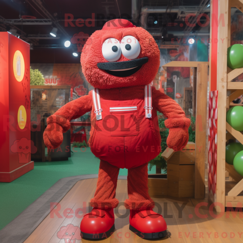 Mascot character of a Red Meatballs dressed with a Dungarees and Cummerbunds Mascot character of a Red Meatballs dressed with a Dungarees and Cummerbunds