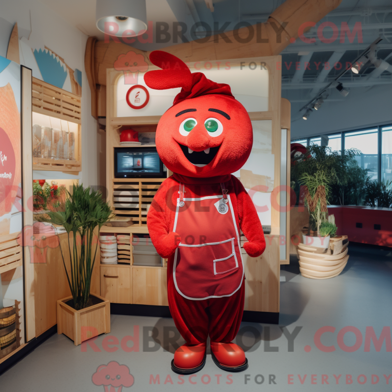 Mascot character of a Red Meatballs dressed with a Dungarees and Cummerbunds Mascot character of a Red Meatballs dressed with a Dungarees and Cummerbunds