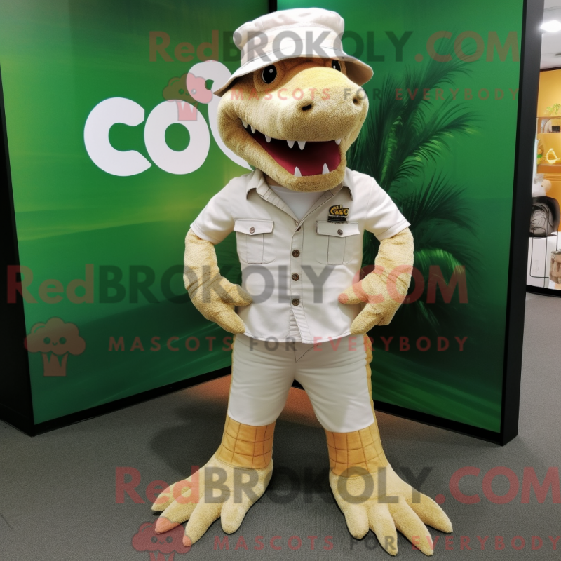 Mascot character of a Cream Crocodile dressed with a Bootcut Jeans and Lapel pins Mascot character of a Cream Crocodile dressed with a Bootcut Jeans and Lapel pins