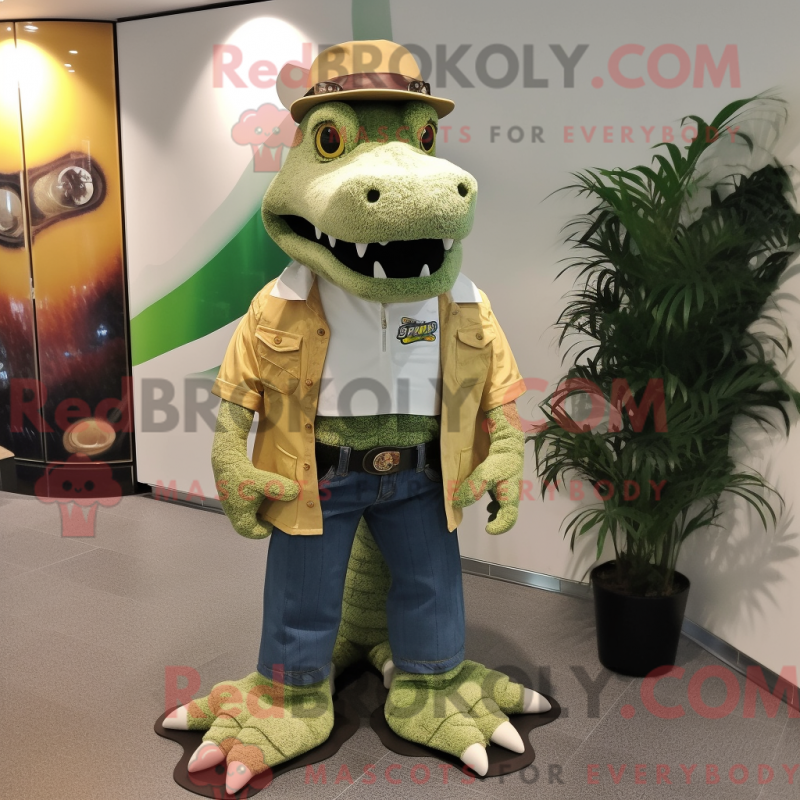 Mascot character of a Cream Crocodile dressed with a Bootcut Jeans and Lapel pins Mascot character of a Cream Crocodile dressed with a Bootcut Jeans and Lapel pins